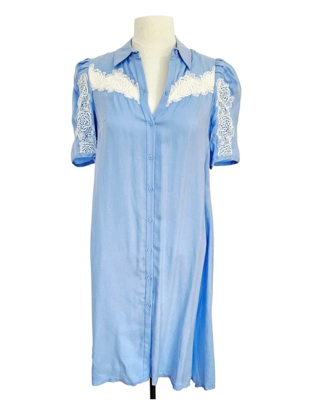 SANDRO PARIS Lace-Inset Down Duster Dress Sky Blue Sz FR 34 XS - Picture 3 of 10